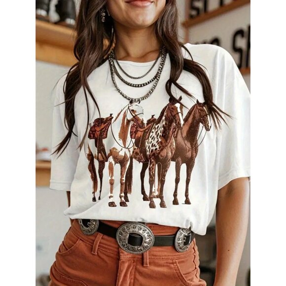 Western Cowgirl Horse Print Graphic T-Shirt Distressed Boho Ranch Rodeo Top Tee - Picture 1 of 6